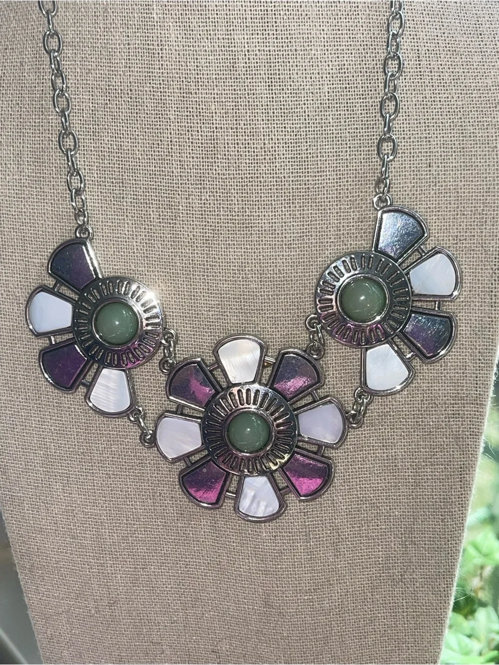 Floral Statement Necklace with Mint Accents Silver Flower Necklace with Green St